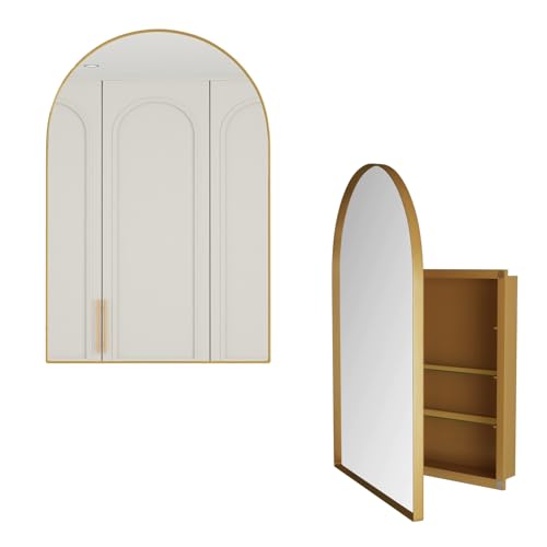 PEFEK Spiegelschrank Bad | Bogenförmiger Medizinschrank Hängend mit Metallrahmen & höhenverstellbaren Regalen | Badezimmerschrank mit Spiegel für Wandmontage, Spiegelschrank 61x91cm (Gold) von PEFEK