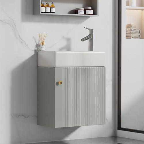 PEFEK Waschtisch Mit Unterschrank Set 46 cm Gäste WC Waschbecken Badunterschrank Waschtischunterschrank Für Kleine Bäder, Wandhängend, Wasserdicht, Keramik Waschtischplatte (Grau) von PEFEK