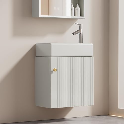 PEFEK Waschtisch Mit Unterschrank Set 46 cm Gäste WC Waschbecken Badunterschrank Waschtischunterschrank Für Kleine Bäder, Wandhängend, Wasserdicht, Keramik Waschtischplatte (Weiß) von PEFEK