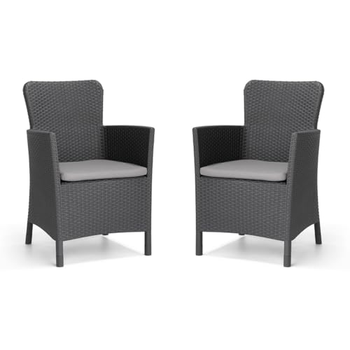 Allibert Gartenstuhl Miami Rattanoptik Loungesessel Outdoor Balkon Stuhl Rattansessel Gartensessel aus UV-beständigem Material Gartenmöbel Lounge Möbel Salta Sessel mit Kissen Anthrazit im 2er Set von PEGASO