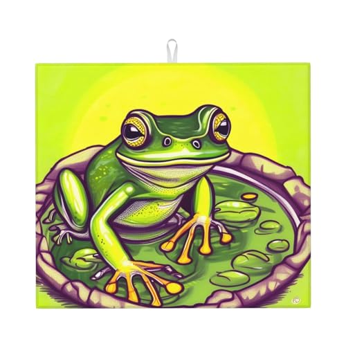 Abtropfmatte Frosch im Teich für Küche Wasserabsorbierend, schnell trocknend, rutschfest, geeignet für Geschirr, einfach zu lagern und zu reinigen. von PEGQCVAM