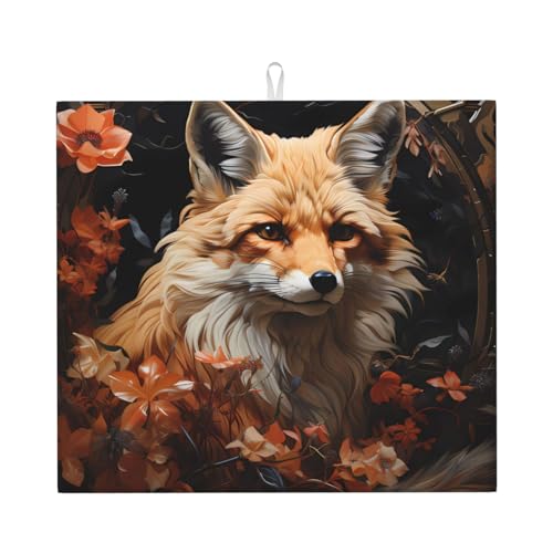 Abtropfmatte für Küche mit Fuchs und Blumen, wasserabsorbierend, schnell trocknend, rutschfest, geeignet für Geschirr, einfach zu lagern und zu reinigen. von PEGQCVAM