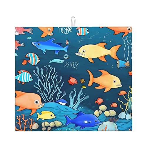 Blue Underwater World Of Fish Abtropfmatte für Küche, wasserabsorbierend, schnell trocknend, rutschfest, geeignet für Geschirr, einfach zu lagern und zu reinigen. von PEGQCVAM