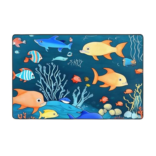 Blue Underwater World of Fish weicher Flanell-Teppich, 152,4 x 99,1 cm, rutschfester Memory-Schaum, ideal für Wohnzimmer und Büro von PEGQCVAM