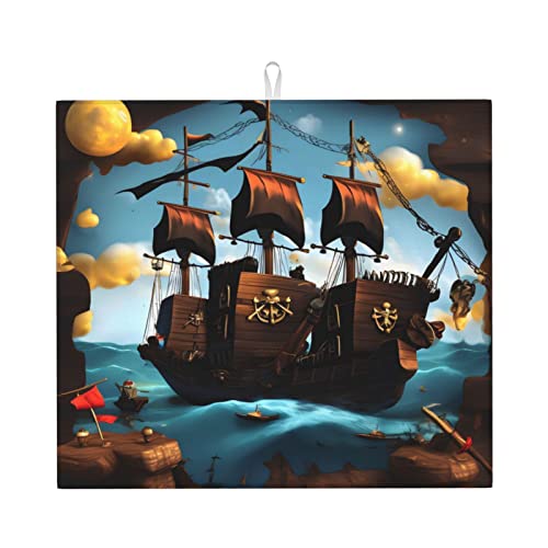 Cartoon Piratenschiff Abtropfmatte für Küche Wasserabsorbierend, schnell trocknend, rutschfest, geeignet für Geschirr, einfach zu lagern und zu reinigen. von PEGQCVAM