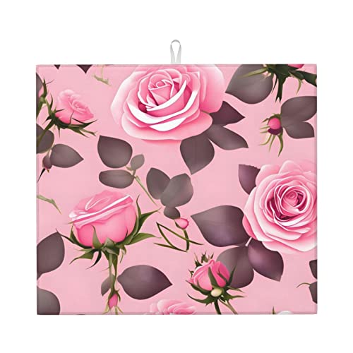 Hübsche rosa Rosen Abtropfmatte für Küche Wasserabsorbierend, schnell trocknend, rutschfest, geeignet für Geschirr, einfach zu lagern und zu reinigen. von PEGQCVAM