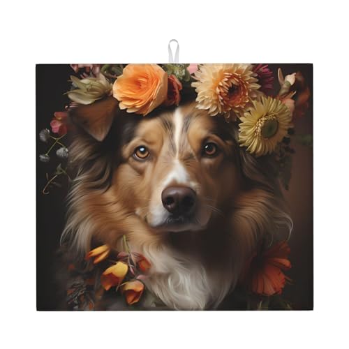 Hundemädchen mit Blumen Abtropfmatte für Küche Wasserabsorbierend, schnell trocknend, rutschfest, geeignet für Geschirr, einfach zu lagern und zu reinigen. von PEGQCVAM