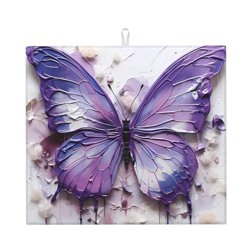 Lila Ölgemälde Schmetterling Abtropfmatte für Küche Wasserabsorbierend, schnell trocknend, rutschfest, geeignet für Geschirr, einfach zu lagern und zu reinigen. von PEGQCVAM