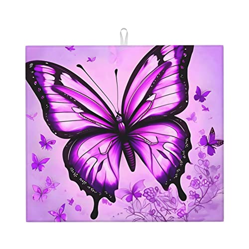 Lila Schmetterling Abtropfmatte für Küche Wasserabsorbierend, schnell trocknend, rutschfest, geeignet für Geschirr, einfach zu lagern und zu reinigen. von PEGQCVAM