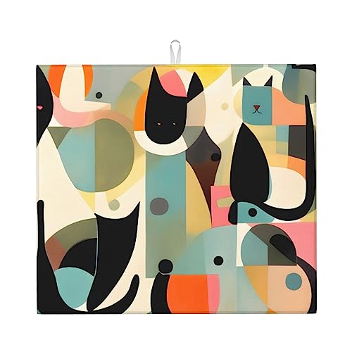 Mid-Century Moderne Kunst Katze Trockenmatte für Küche Wasserabsorbierend, schnell trocknend, rutschfest, geeignet für Geschirr, einfach zu lagern und zu reinigen. von PEGQCVAM