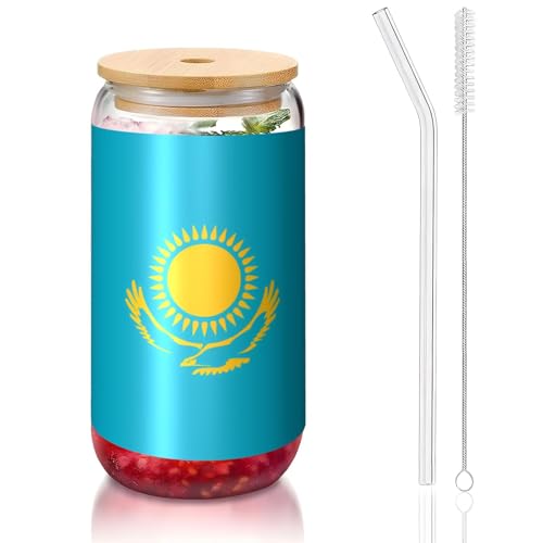 PEGQCVAM Bambusdeckel und Strohhalmbecher Flagge von Kasachstan, BPA-frei, wiederverwendbarer Trinkbecher mit Bambusdeckel und Glasstrohhalm für heiße oder kalte Getränke, 473 ml von PEGQCVAM