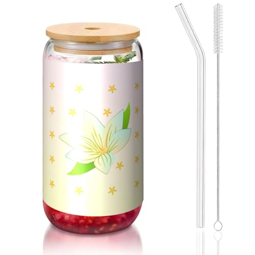 PEGQCVAM Blooming Daffodils Bambusdeckel und Strohhalmbecher, BPA-frei, wiederverwendbarer Trinkbecher mit Bambusdeckel und Glasstrohhalm für heiße oder kalte Getränke, 473 ml von PEGQCVAM