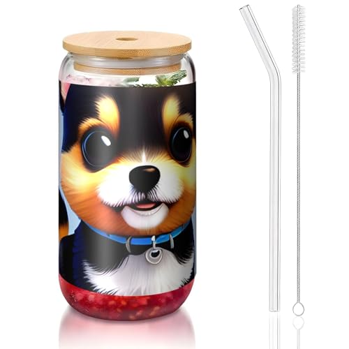 PEGQCVAM Card Love Fancy Puppy Bambusdeckel und Strohhalmbecher, BPA-frei, wiederverwendbar, mit Bambusdeckel und Glasstrohhalm für heiße oder kalte Getränke, 473 ml von PEGQCVAM