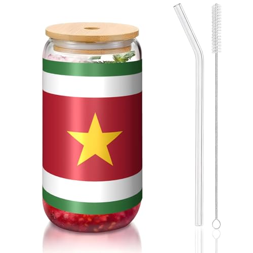 PEGQCVAM Flag Of Suriname Bambusdeckel und Strohhalmbecher, BPA-frei, wiederverwendbarer Trinkbecher mit Bambusdeckel und Glasstrohhalm für heiße oder kalte Getränke, 473 ml von PEGQCVAM