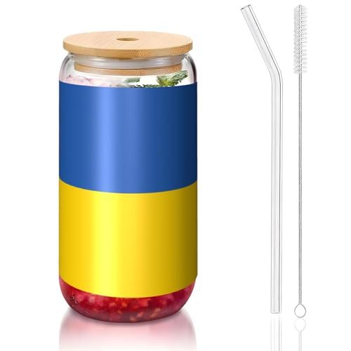PEGQCVAM Flagge der Ukraine Bambusdeckel und Strohhalmbecher, BPA-frei, wiederverwendbarer Trinkbecher mit Bambusdeckel und Glasstrohhalm für heiße oder kalte Getränke, 473 ml von PEGQCVAM