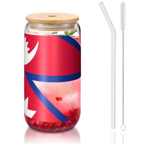 PEGQCVAM Flagge von Nepal, Bambusdeckel und Strohhalmbecher, BPA-frei, wiederverwendbarer Trinkbecher mit Bambusdeckel und Glasstrohhalm für heiße oder kalte Getränke, 473 ml von PEGQCVAM