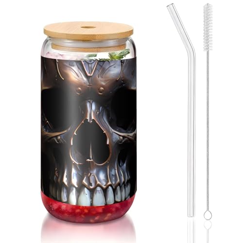 PEGQCVAM Kupferfarbener Totenkopf-Bambusdeckel und Strohhalmbecher, BPA-frei, wiederverwendbarer Trinkbecher mit Bambusdeckel und Glasstrohhalm für heiße oder kalte Getränke, 473 ml von PEGQCVAM