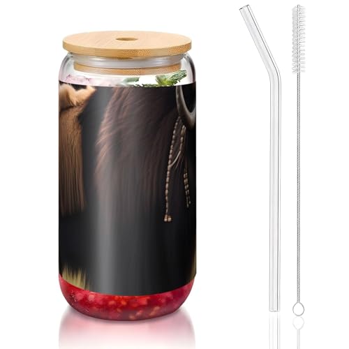 PEGQCVAM Mighty Highland Yak Bambusdeckel und Strohhalmbecher, BPA-frei, wiederverwendbarer Trinkbecher mit Bambusdeckel und Glasstrohhalm für heiße oder kalte Getränke, 473 ml von PEGQCVAM