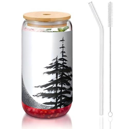 PEGQCVAM Moon Pine Tree Bambusdeckel und Strohhalmbecher, BPA-frei, wiederverwendbarer Trinkbecher mit Bambusdeckel und Glasstrohhalm für heiße oder kalte Getränke, 473 ml von PEGQCVAM