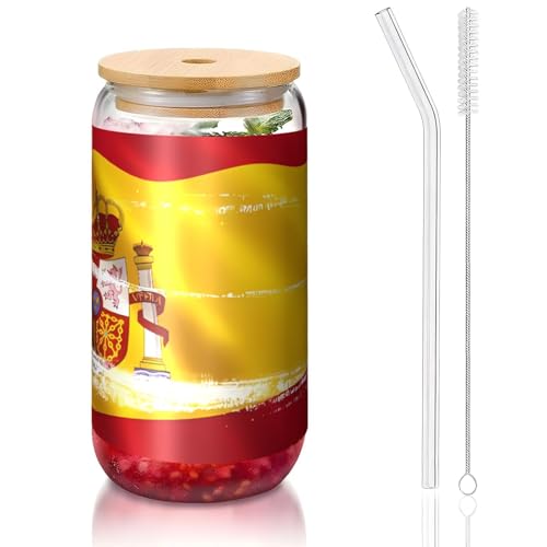 PEGQCVAM Spanien-Flagge, Bambusdeckel und Strohhalmbecher, BPA-frei, wiederverwendbar, mit Bambusdeckel und Glasstrohhalm für heiße oder kalte Getränke, 473 ml von PEGQCVAM