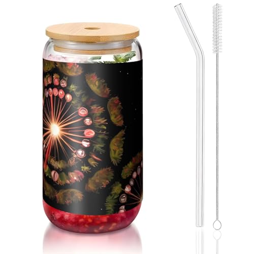 PEGQCVAM Starry Dandelion Bambusdeckel und Strohhalmbecher, BPA-frei, wiederverwendbar, mit Bambusdeckel und Glasstrohhalm für heiße oder kalte Getränke, 473 ml von PEGQCVAM