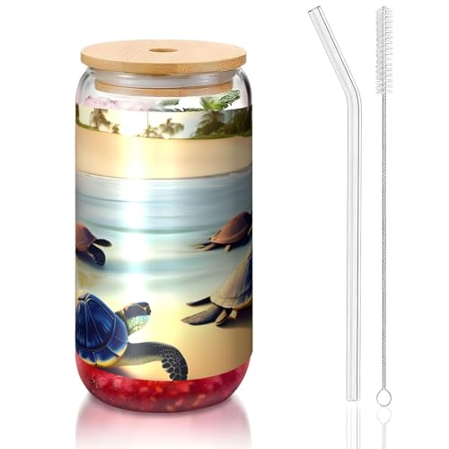 PEGQCVAM Turtles On The Beach Bambusdeckel und Strohhalmbecher, BPA-frei, wiederverwendbar, mit Bambusdeckel und Glasstrohhalm für heiße oder kalte Getränke, 473 ml von PEGQCVAM