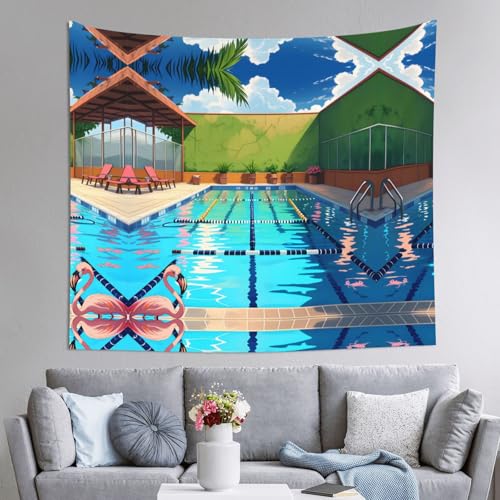PEGQCVAM Wandteppich mit Flamingo- und Schwimmbad-Motiv, 152,4 x 129,5 cm, horizontal, Bohemian-Wandbehang mit Haken, Schlafsaal-Dekor, Stranddecke, Picknickdecke. von PEGQCVAM