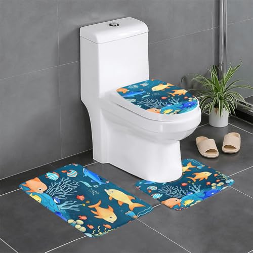 Pegqcvam Blue Underwater World of Fish 3-teiliges Badezimmerteppich-Set, vollständig bedruckt, weiche rutschfeste Matten, geeignet für Badezimmer, Toiletten und Böden. von PEGQCVAM