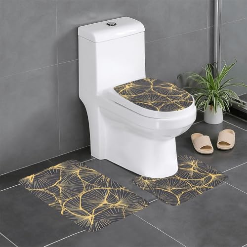 Pegqcvam Golden Leaf 3-teiliges Badezimmerteppich-Set, vollständig bedruckt, weiche rutschfeste Matten, geeignet für Badezimmer, Toiletten und Böden. von PEGQCVAM