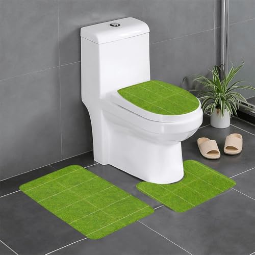 Pegqcvam Green Grassland 3-teiliges Badezimmerteppich-Set, vollständig bedruckt, weiche rutschfeste Matten, geeignet für Badezimmer, Toiletten und Böden. von PEGQCVAM