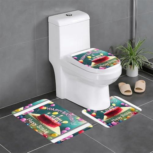 Pegqcvam Happy Birthday Schönes 3-teiliges Badezimmerteppich-Set, voll bedruckt, weiche rutschfeste Matten, geeignet für Badezimmer, Toiletten und Böden. von PEGQCVAM
