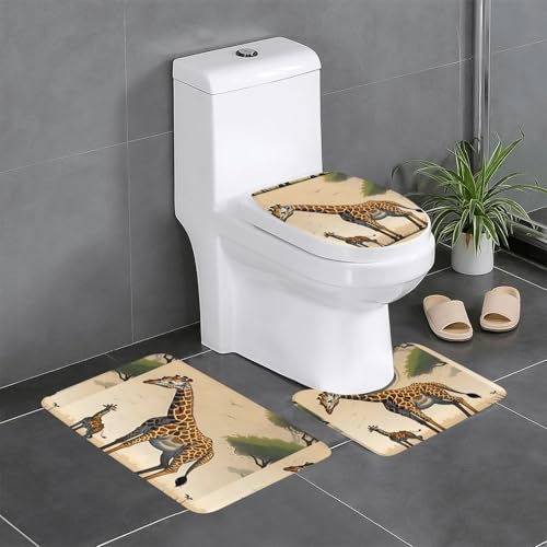 Pegqcvam Mutter und Kind Giraffe 3-teiliges Badezimmerteppich-Set, voll bedruckt, weiche rutschfeste Matten, geeignet für Badezimmer, Toiletten und Böden. von PEGQCVAM