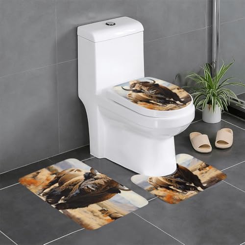 Pegqcvam North American Bison Herd 3-teiliges Badezimmerteppich-Set, vollständig bedruckt, weiche rutschfeste Matten, geeignet für Badezimmer, Toiletten und Böden. von PEGQCVAM