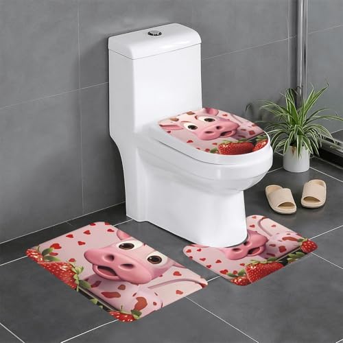 Pegqcvam Rosa Kuh mit Erdbeeren 3-teiliges Badezimmerteppich-Set, vollständig bedruckt, weiche rutschfeste Matten, geeignet für Badezimmer, Toiletten und Böden. von PEGQCVAM