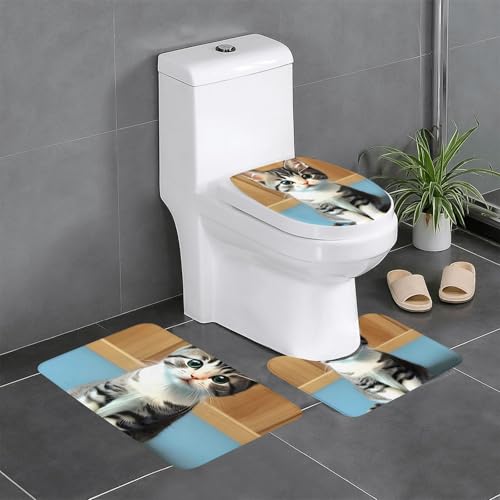 Pegqcvam Schlafzimmer Kätzchen 3-teiliges Badezimmerteppich-Set, vollständig bedruckt, weiche rutschfeste Matten, geeignet für Badezimmer, Toiletten und Böden. von PEGQCVAM