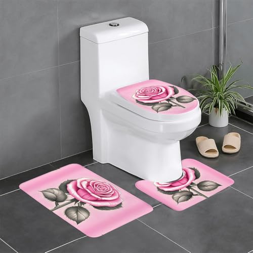 Pegqcvam Schöne rosa Rosen 3-teiliges Badezimmerteppich-Set, vollständig bedruckt, weiche rutschfeste Matten, geeignet für Badezimmer, WC und Böden. von PEGQCVAM