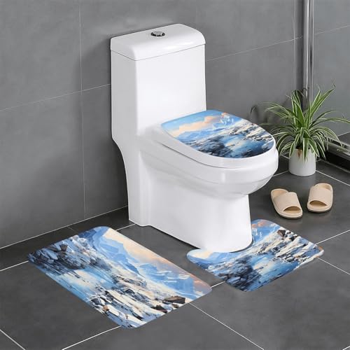 Pegqcvam Snowy Mountain Scenery 3-teiliges Badezimmerteppich-Set, vollständig bedruckt, weiche rutschfeste Matten, geeignet für Badezimmer, Toiletten und Böden. von PEGQCVAM