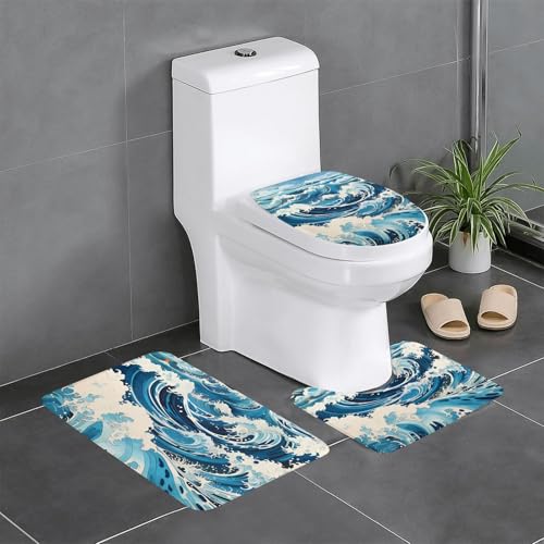 Pegqcvam Ukiyo-E Style Waves 3-teiliges Badezimmerteppich-Set, vollständig bedruckt, weiche rutschfeste Matten, geeignet für Badezimmer, Toiletten und Böden von PEGQCVAM