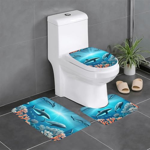 Pegqcvam Whales Under The Sea 3-teiliges Badezimmerteppich-Set, vollständig bedruckt, weiche rutschfeste Matten, geeignet für Badezimmer, Toiletten und Böden. von PEGQCVAM