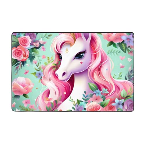 Pinker Einhorn-Teppich, weicher Flanell-Teppich, 152,4 x 99,1 cm, rutschfester Memory-Schaum, ideal für Wohnzimmer und Büro. von PEGQCVAM