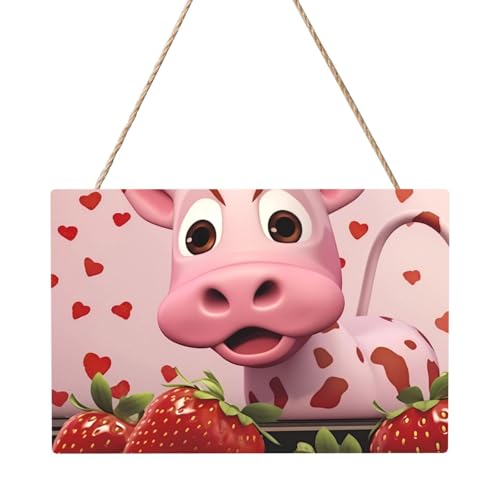 Rechteckige Tafelmalerei, Motiv: rosa Kuh mit Erdbeeren, 20,3 x 30,5 cm, elegante, moderne Wanddekoration für Zuhause, um Ihren Raum zu verschönern von PEGQCVAM