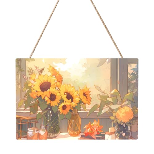 Rechteckiges Paneelgemälde mit Sonnenblumen unter der Fensterbank, 20,3 x 30,5 cm, elegante, moderne Wanddekoration für Zuhause, um Ihren Raum zu verschönern von PEGQCVAM