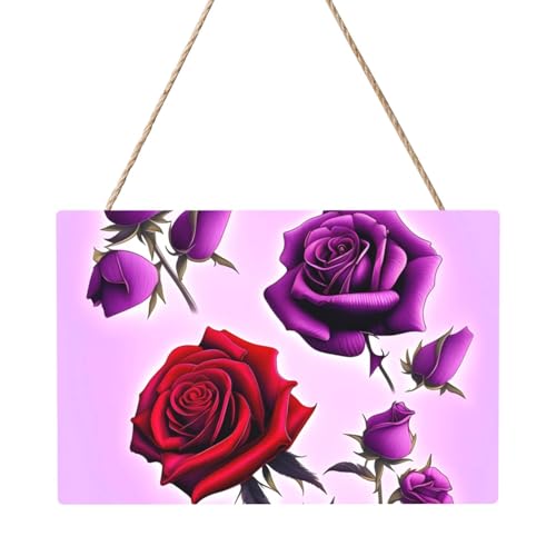 Rechteckiges Tafelgemälde mit roten und violetten Rosen, 20,3 x 30,5 cm, elegante, moderne Wanddekoration für Zuhause, um Ihren Raum zu verschönern. von PEGQCVAM