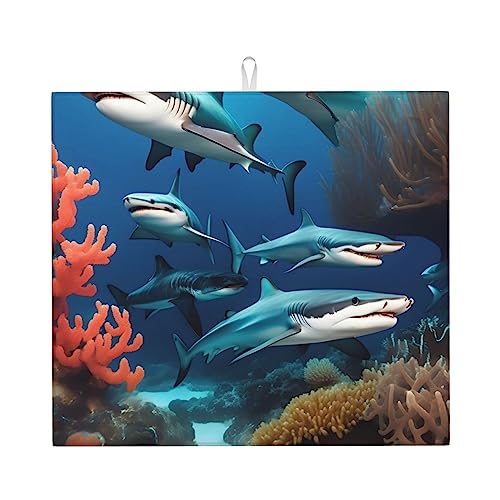 Submarine Shark Coral Abtropfmatte für Küche Wasserabsorbierend, schnell trocknend, rutschfest, geeignet für Geschirr, einfach zu lagern und zu reinigen. von PEGQCVAM