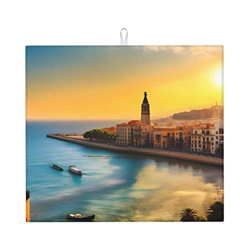 Sunset In Barcelona Abtropfmatte für Küche Wasserabsorbierend, schnell trocknend, rutschfest, geeignet für Geschirr, einfach zu lagern und zu reinigen. von PEGQCVAM