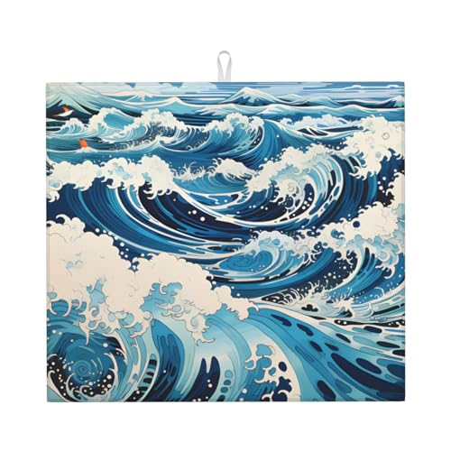Ukiyo-E Style Waves Trockenmatte für Küche Wasserabsorbierend, schnell trocknend, rutschfest, geeignet für Geschirr, einfach zu lagern und zu reinigen von PEGQCVAM