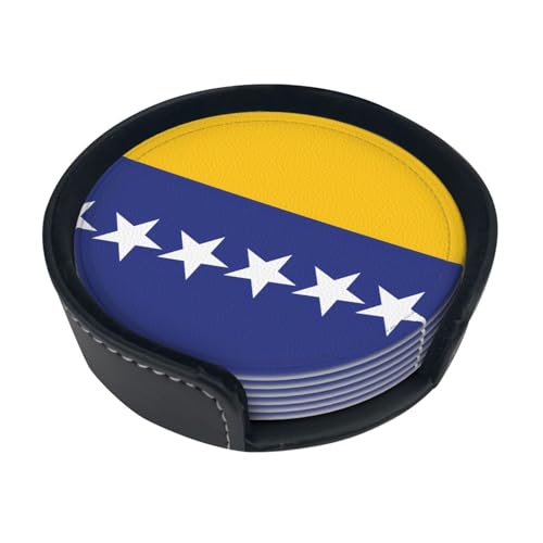 Untersetzer Flagge von Bosnien und Herzegowina, rund, 6 Stück, rutschfeste Getränkematten mit Aufbewahrung, schützt Tische vor heißen Tassen und Wasserringen. von PEGQCVAM