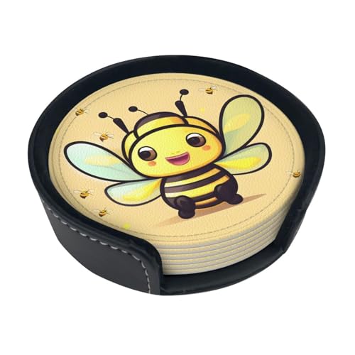 Untersetzer mit gelbem Bienenmotiv, rund, 6 Stück, rutschfeste Getränkematten mit Aufbewahrung, schützt Tische vor heißen Tassen und Wasserringen. von PEGQCVAM
