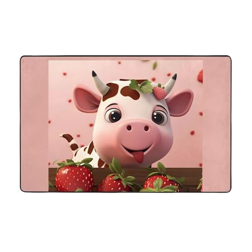 Weicher Flanell-Teppich mit Kühen und Erdbeeren, 152,4 x 99,1 cm, rutschfester Memory-Schaum, ideal für Wohnzimmer und Büro. von PEGQCVAM