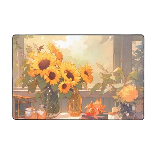 Weicher Flanell-Teppich mit Sonnenblumen unter der Fensterbank, 152,4 x 99,1 cm, rutschfester Memory-Schaum, ideal für Wohnzimmer und Büro. von PEGQCVAM